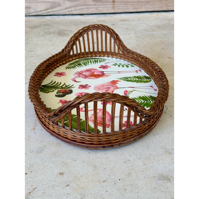 Wood Vintage Coastal Rattan Flamingo Tray With Custom Decoupage Appliqué For Sale - Image 7 of 11