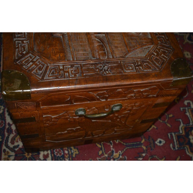 Mid 20th Century Antique Chinese Carved Camphor Chest Trunk For Sale - Image 5 of 13