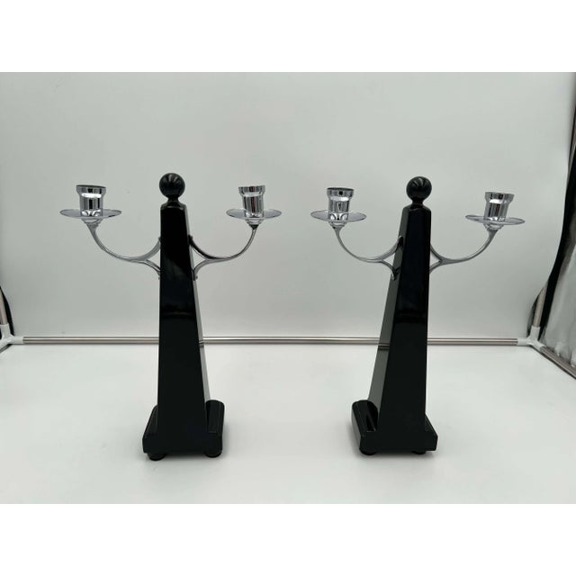 Metal Art Deco Candlesticks in Black Lacquer, Oak & Nickel, Netherlands, 1930s, Set of 2 For Sale - Image 7 of 11