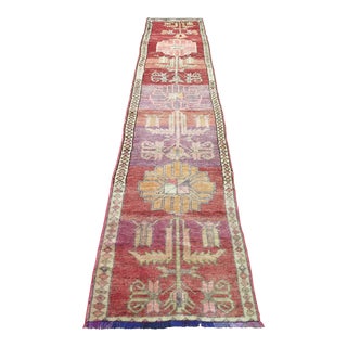 70s Red&Purple Turkish Carpet Runner Stair Rug For Sale
