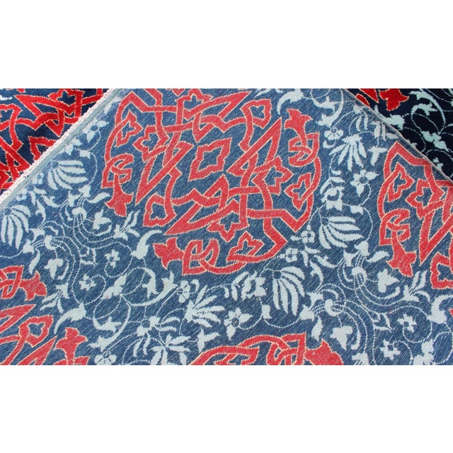 Red & Blue European Design Rug With Geometric Medallions and Vining Blossoms For Sale - Image 12 of 13