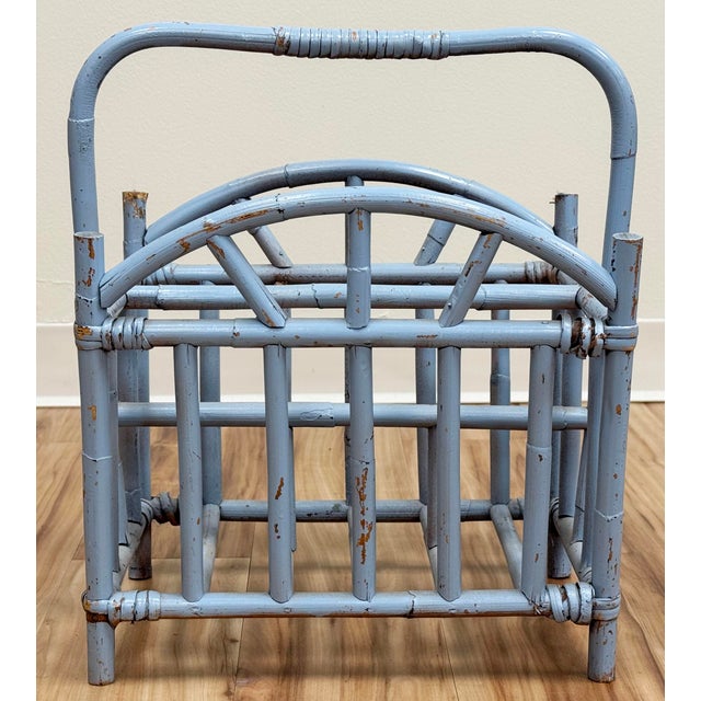 Vintage Periwinkle Blue Rattan Magazine Rack For Sale - Image 9 of 12