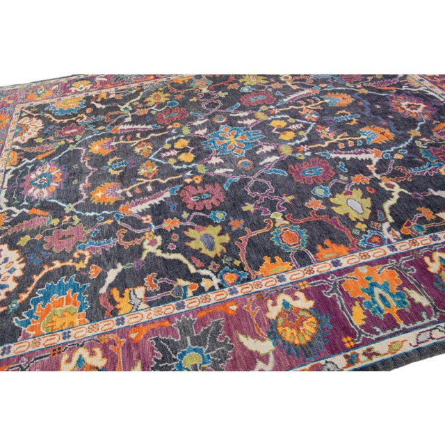 Purple Modern Oushak Handmade Allover Floral Grey and Purple Wool Rug For Sale - Image 8 of 13