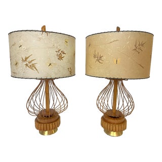 1960's Modernist Bent Rattan With Stacked Wood & Brass Lamps With Finials and Shades For Sale