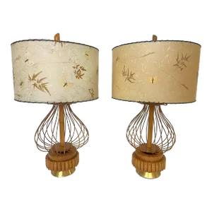 1960's Modernist Bent Rattan With Stacked Wood & Brass Lamps With Finials and Shades