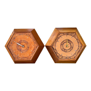 1960's Hexagon Wood & Tooled Leather Wall Clocks – Working Pair