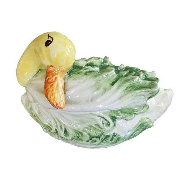 A hand-painted Italian majolica cabbageware or lettuceware bird and cauliflower tureen with lid and ladle. This petite...