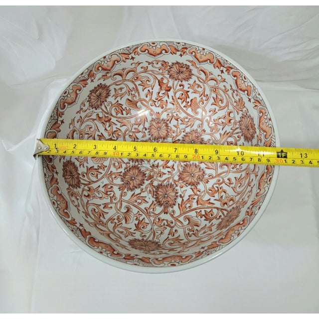 Burnt Orange Large Chinese Porcelain Floral Burnt Orange Chinoiserie Bowl With Stand For Sale - Image 8 of 9