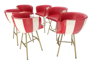 Set of 6 Barrel Back Mid Century Modern Bar Stools as is Upholstery