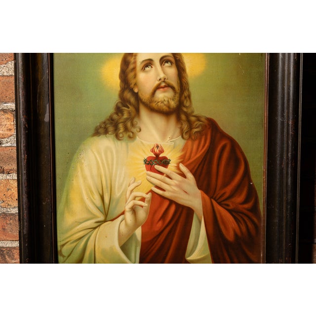 Impressionist Early 20th Century Sacred Heart | Framed Tin Litho Christ Print For Sale - Image 3 of 7