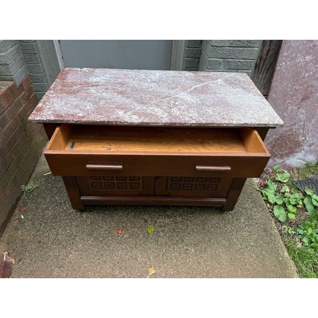 Antique French Art Deco Style Marble Top Oak Wood Cabinet Sideboard With Geometric Front For Sale - Image 16 of 18