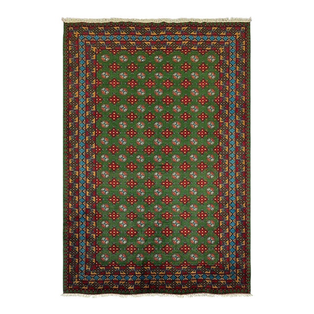 Green Turkmen Mori Gul Tribal Wool Area Rug, 6'7" X 10'3" For Sale