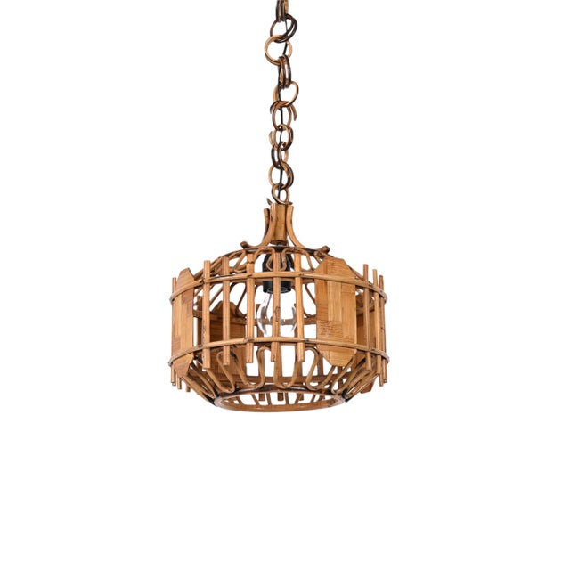 Mid-Century French Riviera Style Bambo & Rattan Rounded Pendant Lamp, 1960s For Sale - Image 4 of 18