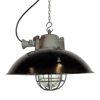 Black Enamel and Cast Iron Industrial Cage Pendant Light from Elektrosvit, 1960s For Sale
