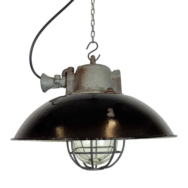 Black Enamel and Cast Iron Industrial Cage Pendant Light from Elektrosvit, 1960s For Sale