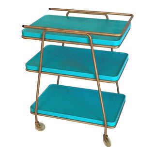 Mid-Century Turqouise & Gold Bar Cart Ca. 1960 For Sale