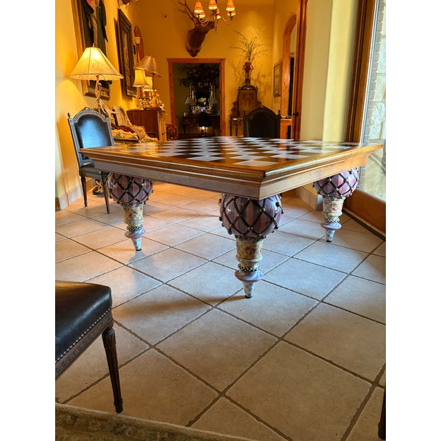 Postmodern Mackenzie-Childs 5' X 5' Train Dining Table With Checkerboard Top & Hand Painted Legs For Sale - Image 3 of 11