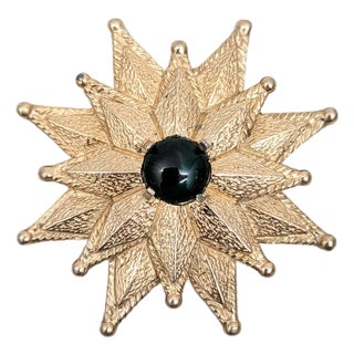 Vintage 1960s Signed Castlecliff Goldtone Cabochon Faux-Emerald Brooch & Pendant For Sale