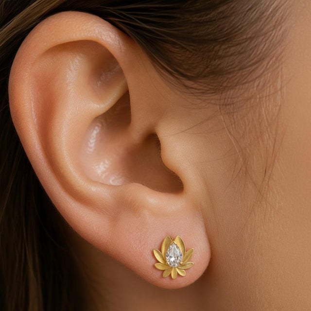 Metal Pear-Cut Moissanite Lutus Flower Earrings Studs, Silver, Gold, Pair For Sale - Image 7 of 8