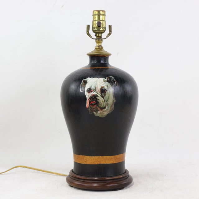 Vintage Black Tole Table Lamp With Hand Painted English Bulldog Portrait and Gold Leaf Accents For Sale - Image 10 of 10