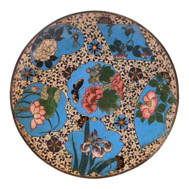 Antique Meiji Japanese Cloisonne Enamel Charger Plate Blossoming Flowers Butterflies For Sale