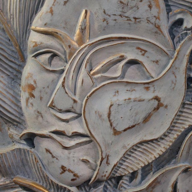 Bas-Relief Sculpture of Stylized Face with Flowers, 20th Century, Wood For Sale - Image 6 of 12
