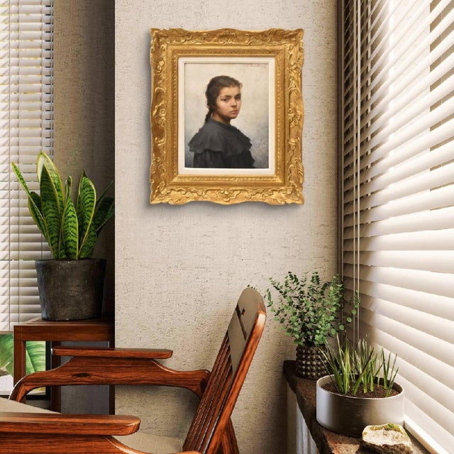The antique paintings category presents an oil on canvas painting depicting a young woman portrayed from the waist up with...