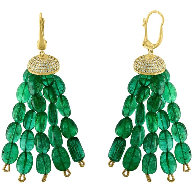 150 Carat Emerald Beads and Diamond Hanging/ Drop Earrings 14 Karat Yellow Gold For Sale - Image 15 of 18