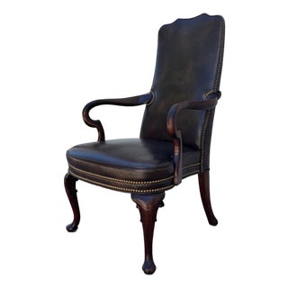 Vintage Hickory Chair Leather Library Armchair | English Georgian Queen Anne Style Accent Chair For Sale