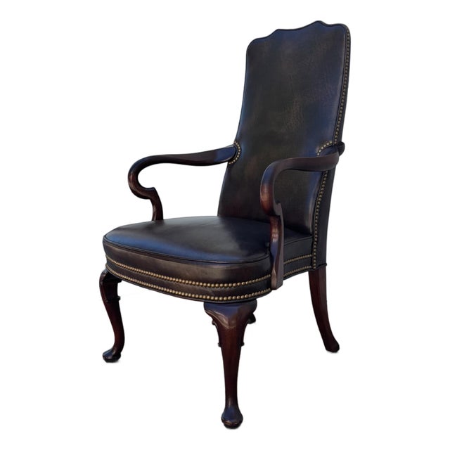 Vintage Hickory Chair Leather Library Armchair | English Georgian Queen Anne Style Accent Chair For Sale