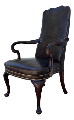 Vintage Hickory Chair Leather Library Armchair | English Georgian Queen Anne Style Accent Chair