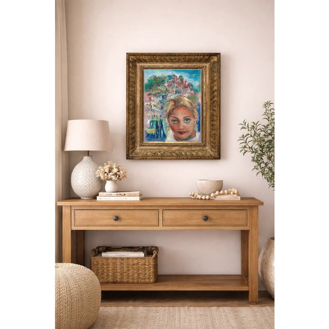 "Wish You Were Here", painting of a young woman, Positano, Italy in the background. Oil painting on canvas, vintage wood...