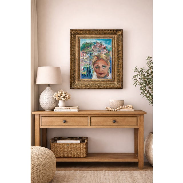 "Wish You Were Here", painting of a young woman with Positano, Italy in the background. Oil painting on canvas, vintage...