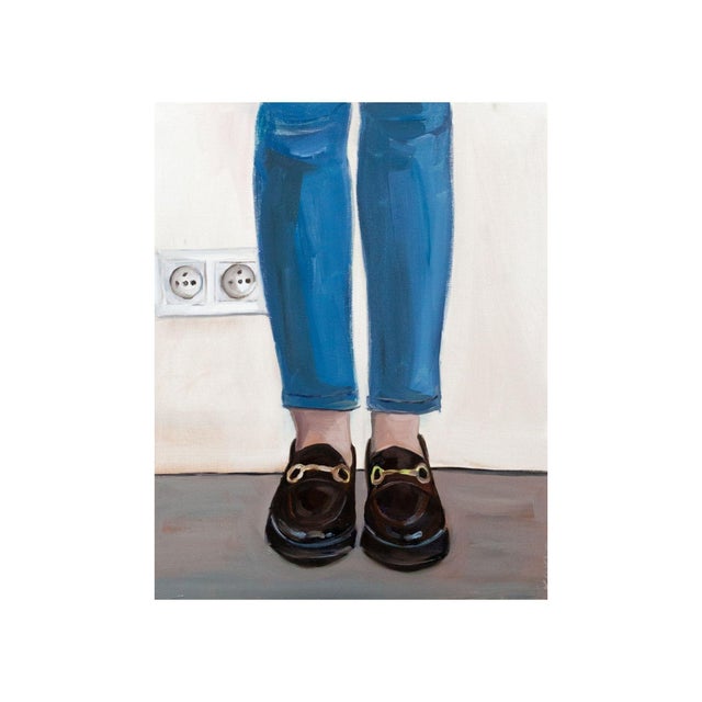 About the painting: this artwork captures a minimalist yet striking scene, focusing on the lower legs of an individual...