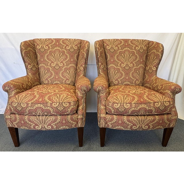 Classic pair of wing back chairs from Lexington Home Brands from the early 21st century. These are beautifully upholstered...