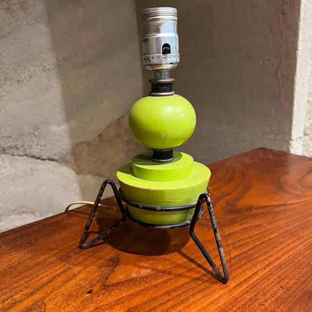 1960s 1960s Atomic Lime Green Wood Table Lamp Tripod Iron Base For Sale - Image 5 of 7