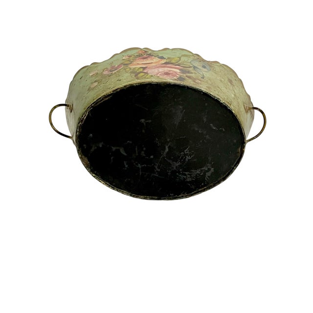 Green Vintage French Tole Cachepot With Hand-Painted Roses and Scalloped Rim For Sale - Image 8 of 15