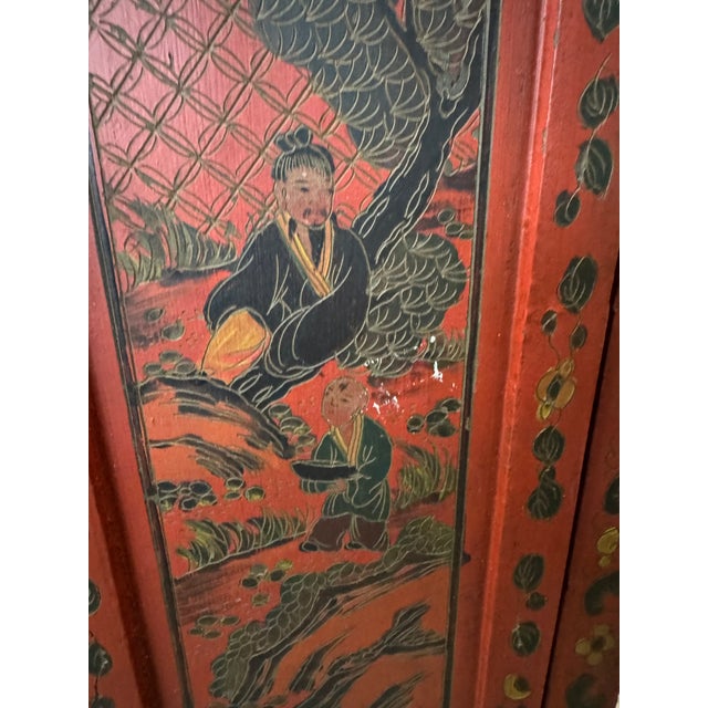 Mid 19th Century Qing Dynasty Shanxi Red Lacquer Painted Wedding Cabinet, Elm, Fully Decorated Back For Sale - Image 4 of 10