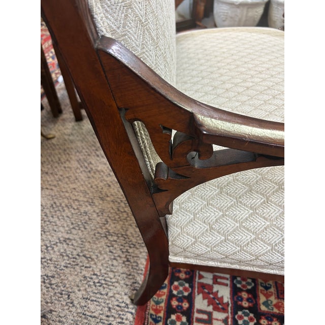 Cream Small Antique Dark Wood Edwardian Loveseat With New Upholstery For Sale - Image 8 of 11