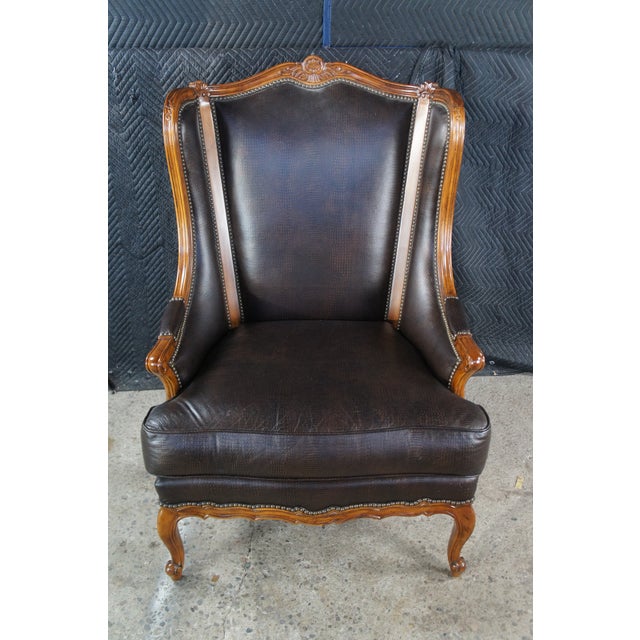 Late 20th Century Thomasville French Louis XV Wingback Bergere Faux Alligator Leather Armchair For Sale - Image 6 of 13