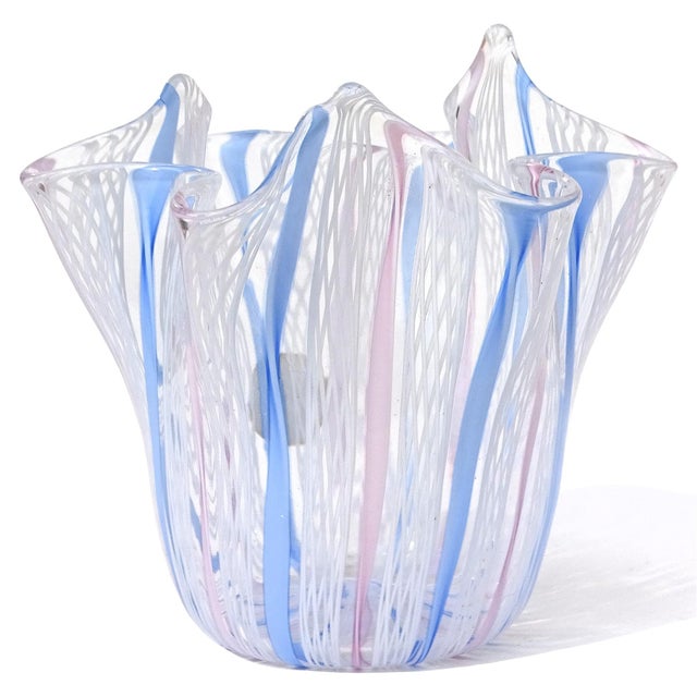Mid-Century Modern Murano Fazzoletto White Pink Blue Ribbons Italian Art Glass Handkerchief Flower Vanity Vase For Sale - Image 3 of 6