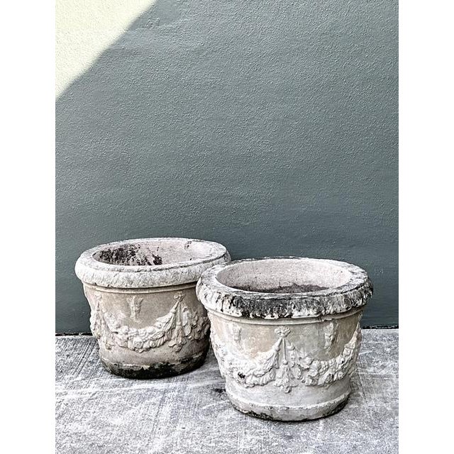 French Country Vintage Cast Concrete Swag Planters - A Pair For Sale - Image 3 of 12