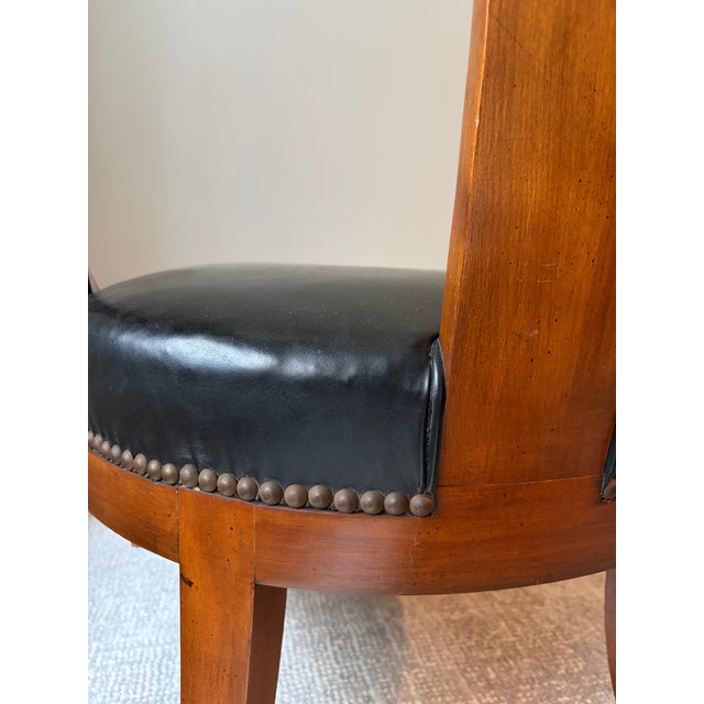 Mid-Century Modern Rare Pair of Mid-Century Michael Taylor for Baker Mahogany Spoonback Slipper Chairs – All Original Black Leather & Brass Tacks For Sale - Image 3 of 14