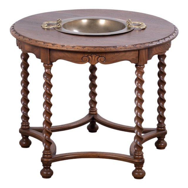 Danish Circular Stained Oak Coffee Table with Brass Bowl, 1960s For Sale