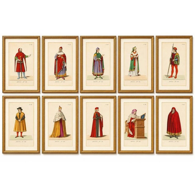Title: Set of 10 Medieval Costume Prints by Paul Mercuri, Hand-Colored, Paris 1845 A striking set of ten original hand-...