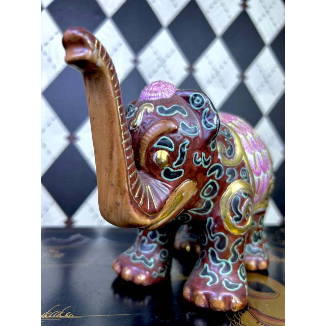 Burgundy 1980's Pair Decorative Ceramic Elephant Figurines in Burgundy, Pink & Gold Chinoiserie, Export Marks For Sale - Image 8 of 16