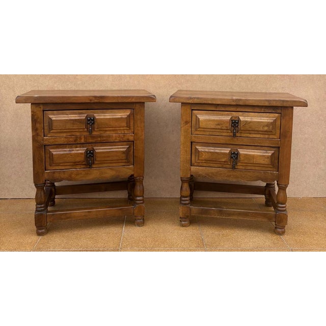 20th century pair of Brutalist Spanish nightstands with two carved drawers and iron hardware Beautiful tables that you can...