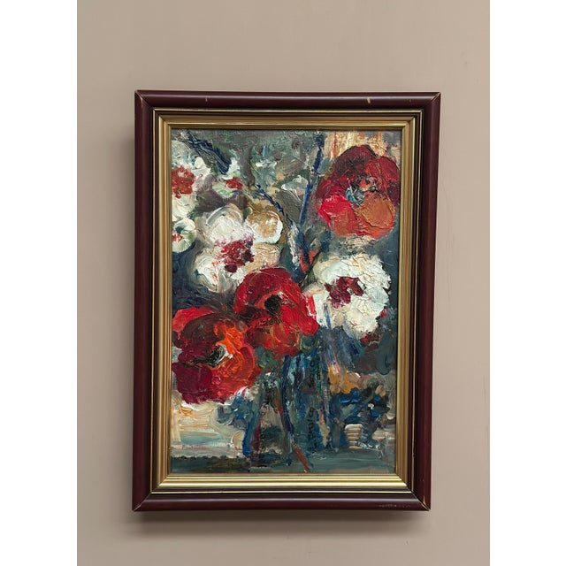 Original swedish oil on canvas – “red poppies and white blossoms” by l. Stokes – signed – vintage & framed – 35 × 26 cm...