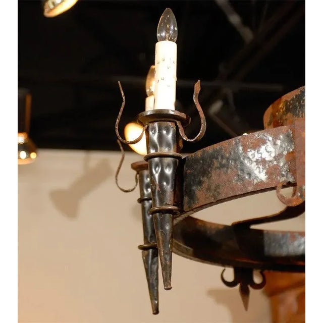 French 19th Century French Black Iron Chandelier With Fleur De Lis Design For Sale - Image 3 of 9