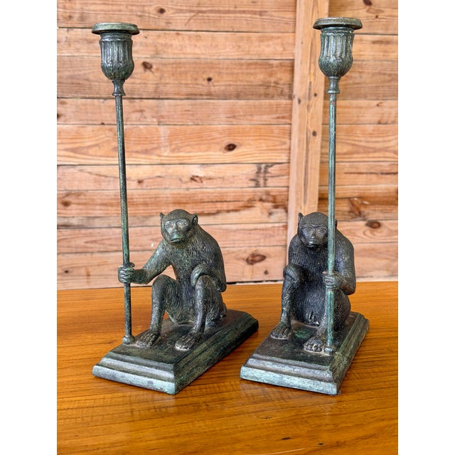 Pair of Maitland-Smith Sculptural Figurative Verdigris Patina Monkey Candlesticks For Sale - Image 9 of 12
